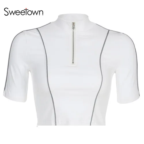 Sweetown белая Лоскутная Светоотражающая полосатая Базовая футболка с эффектом пуш-ап, спортивная одежда с коротким рукавом и стоячим воротником, тонкая сексуальная женская футболка - Color: white