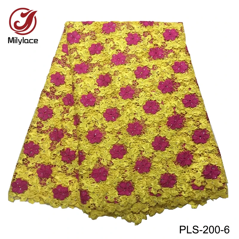 

Double color design guipure lace fabric with rhinestones high quality nigerian embroidery guipure lace fabric for dress PLS-200