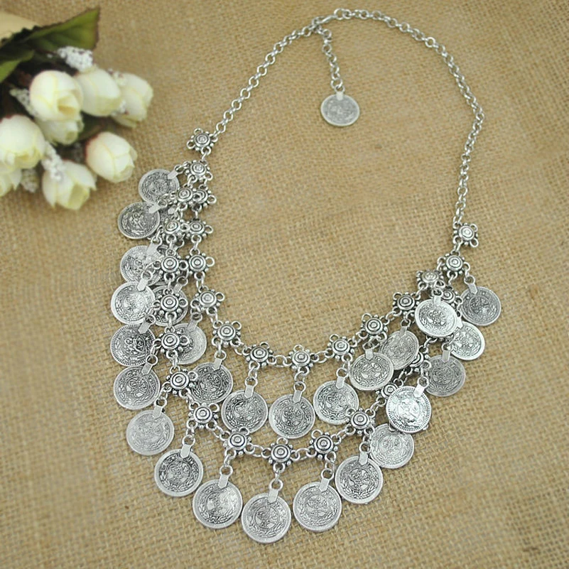 

Bohemian Double Layer Coin Fringe Turkish Ethnic Tribal Belly Dance Bib Necklace Tracking Shipping Free