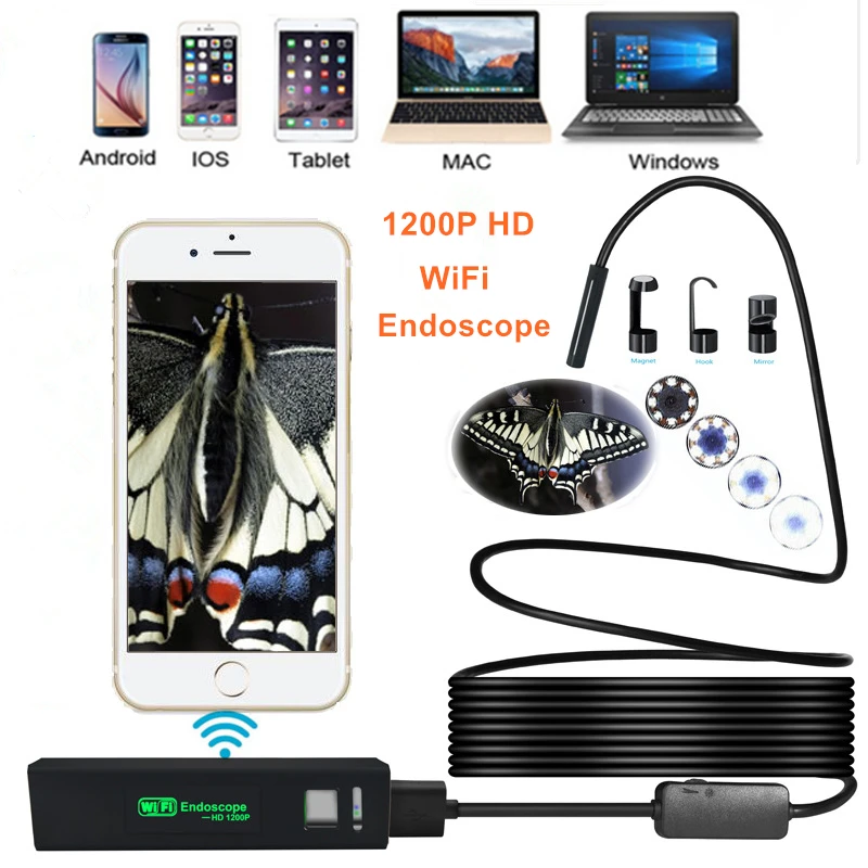 WiFi 8 мм 1200P эндоскоп камера Мини водонепроницаемый осмотр USB бороскоп для IOS Android