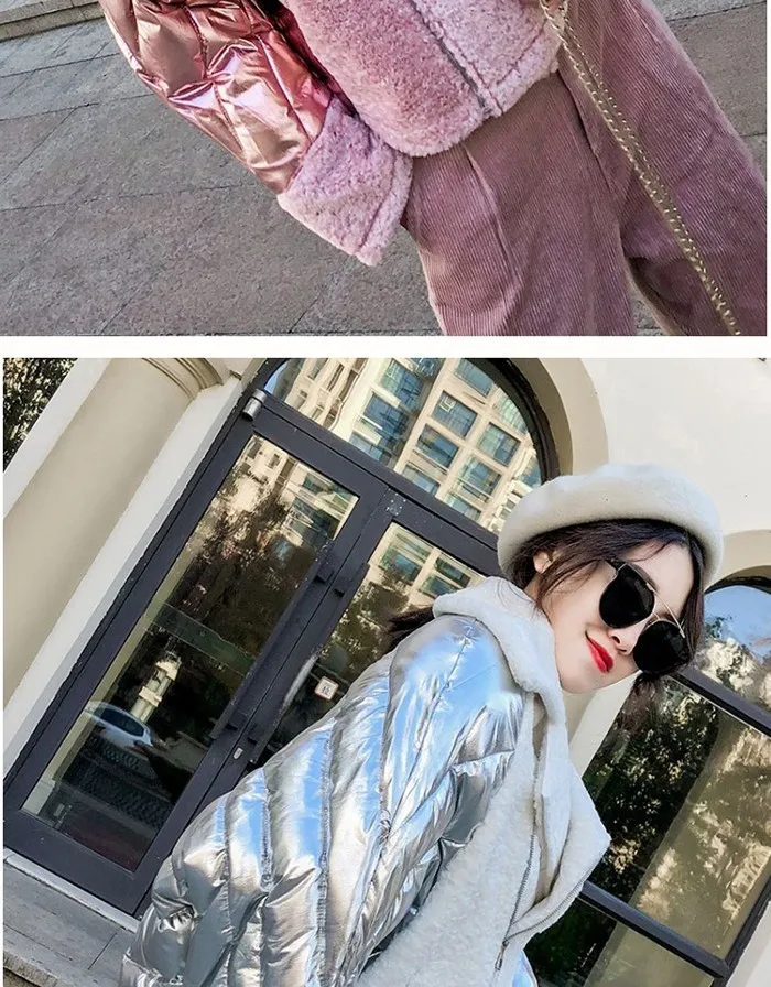ZURICHOUSE Winter Down Jacket Women's Glossy Cotton Padded Coats Female Loose Short Pink Silver Patchwork Suede Parkas