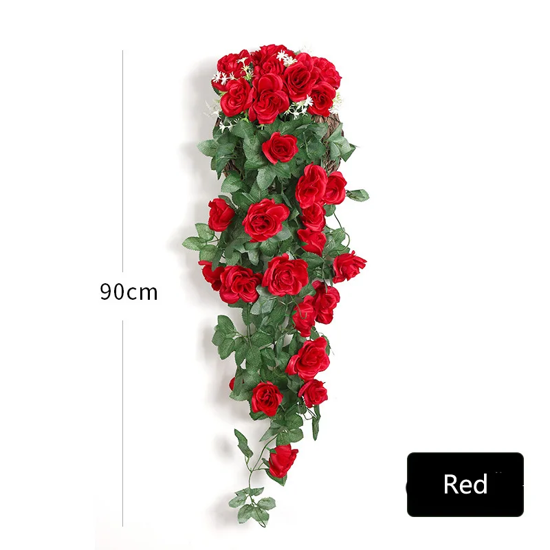 red Зеленый лист с искусственным розовым цветком букет пластиковая искусственная цепочка цветов для домашнего свадебного декора гирлянда для развешивания цветов - Цвет: red