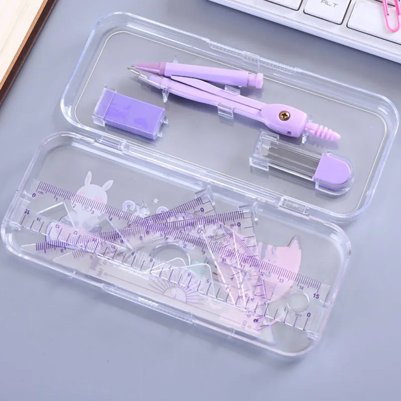 

7pcs/Set Random Cartoon Rabbit Mathematics Painting Drawing Suit Practical Plastic Compass Ruler Eraser Stationery Set For Kids