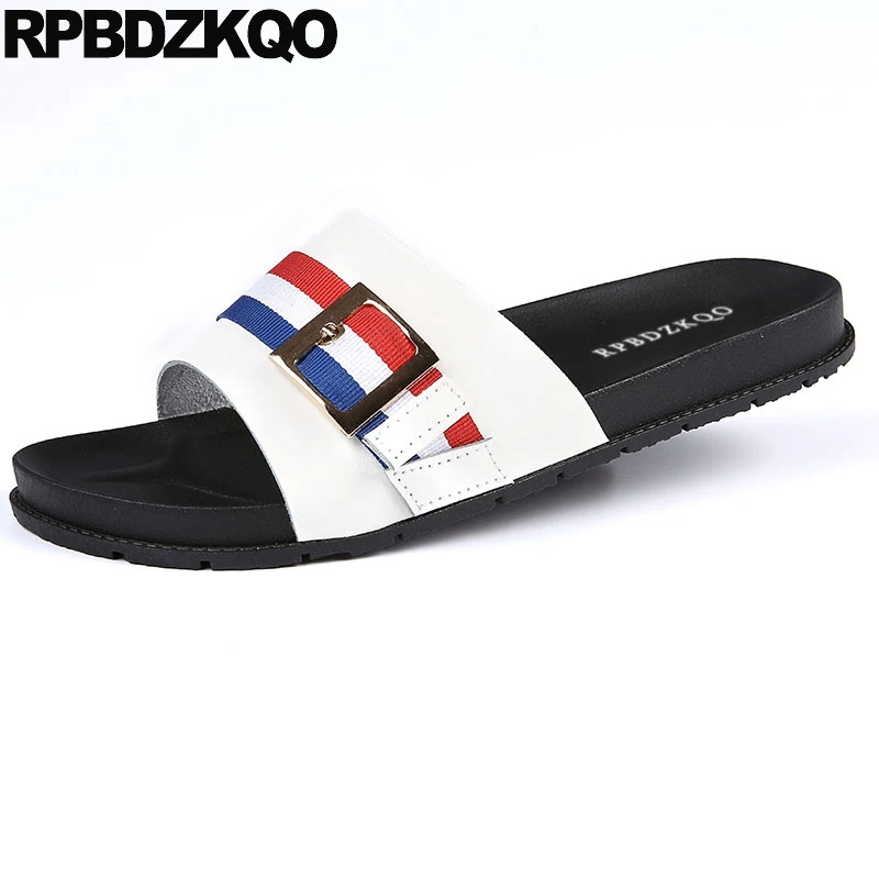 

Men Sandals Leather Summer Slippers Waterproof Water Size 45 Big 2021 46 Slides Flat Fashion Metal White Outdoor Striped Shoes