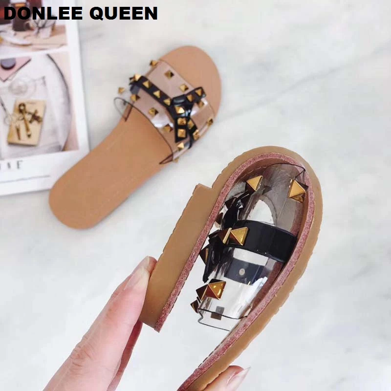 DONLEE QUEEN/Брендовые женские шлепанцы с заклепками повседневная обувь на плоской