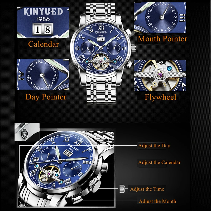 Мужские часы Топ бренд класса люкс KINYUED с автоматической обмоткой Tourbillon