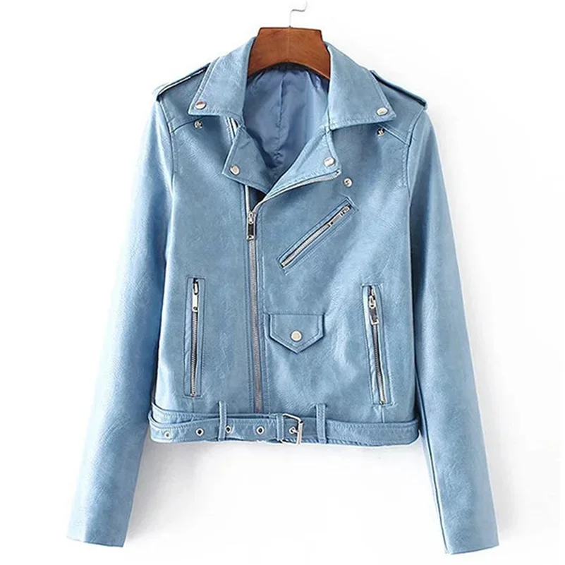 Light Blue Saimishi мотоциклетные женские Куртки из искусственной кожи весна осень короткий локомотив куртка с длинным рукавом на молнии женские пальто Верхняя одежда - Цвет: Light Blue