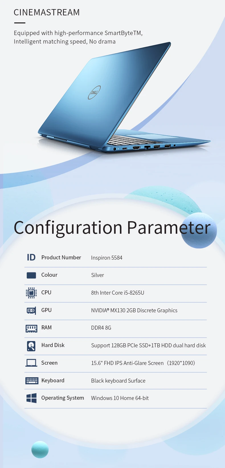 Ноутбук Dell Inspiron 5584(Intel Core i5-8265U / MX130 / 8 ГБ ОЗУ / 128 ГБ SSD+ 1Т HDD / 15,6 '' FHD) Ноутбук марки Dell