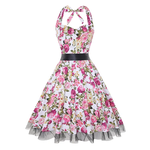 White Pink OTEN 4XL женское платье с принтом в виде черепа пэтчворк с цветочным кружевом в горошек Ретро Винтаж в стиле кантри летнее платье,1950s Большой размер строп женское платье платье пляжное - Цвет: White Pink