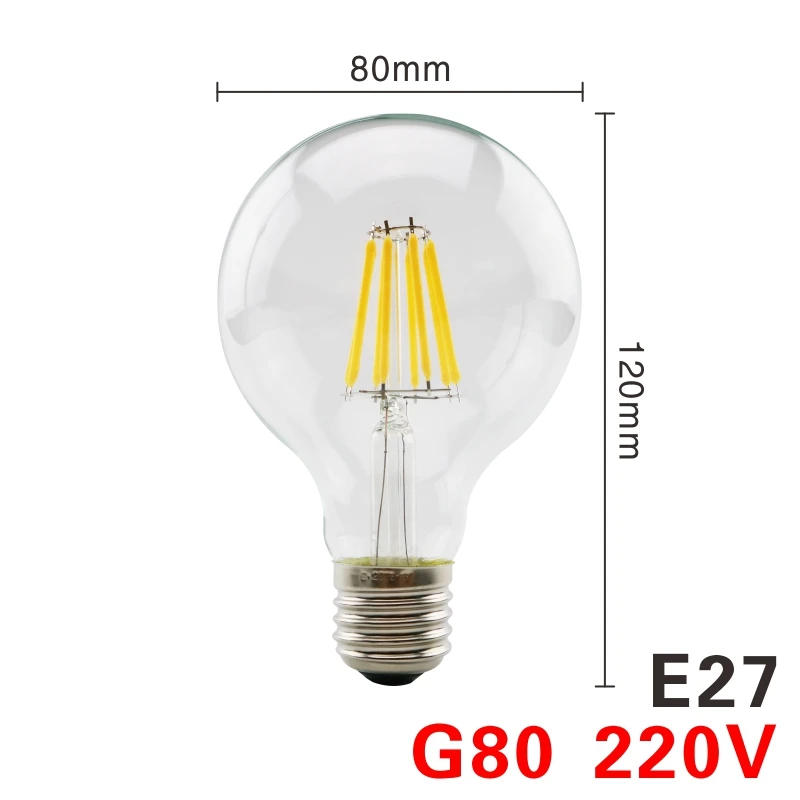 G80 E27 Светодиодный Эдисон лампы E27 G45 A60 C35 светодиодный лампы E14 G80 G95 G125 нити светильник 220V 2W 4W 6W 8W Античная Ретро Винтаж Стекло лампа - Испускаемый цвет: G80 E27