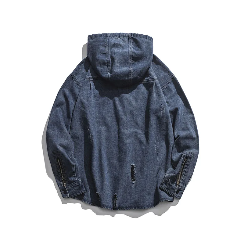 Куртка мужская джинсовая с капюшоном свободная повседневная голубая потертая