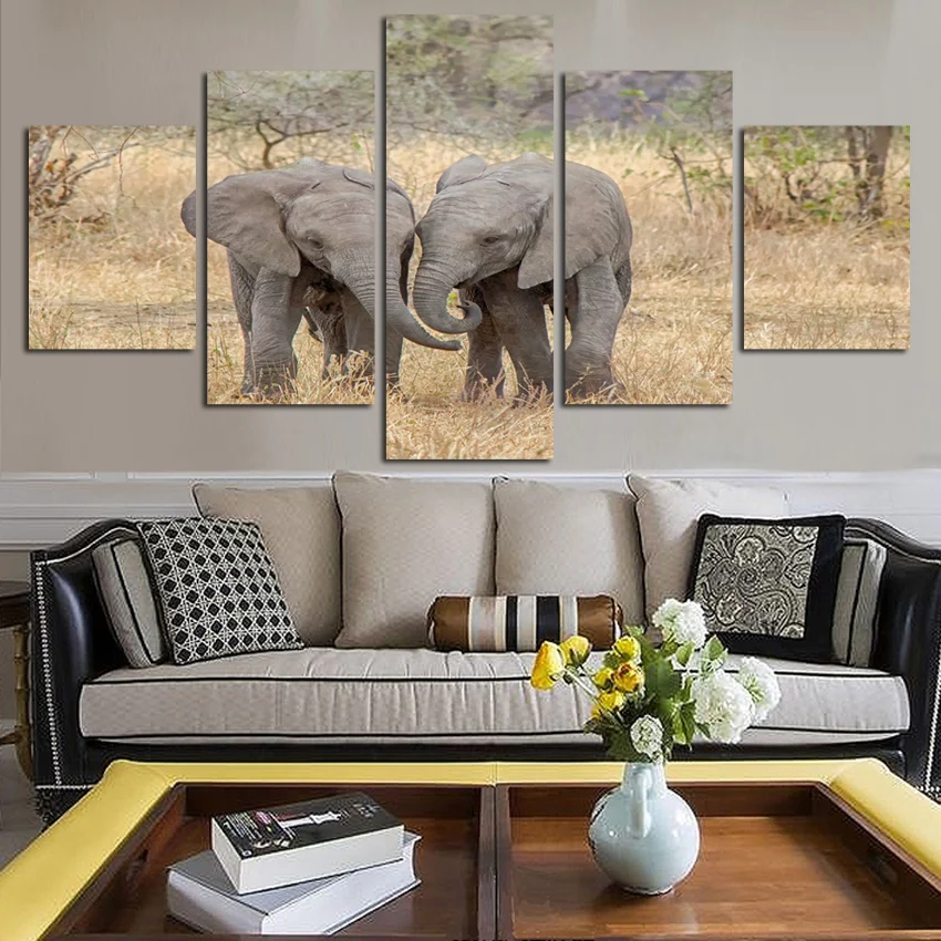 Картина маслом работает поле Два Слона Животные Играть картина холст украшение