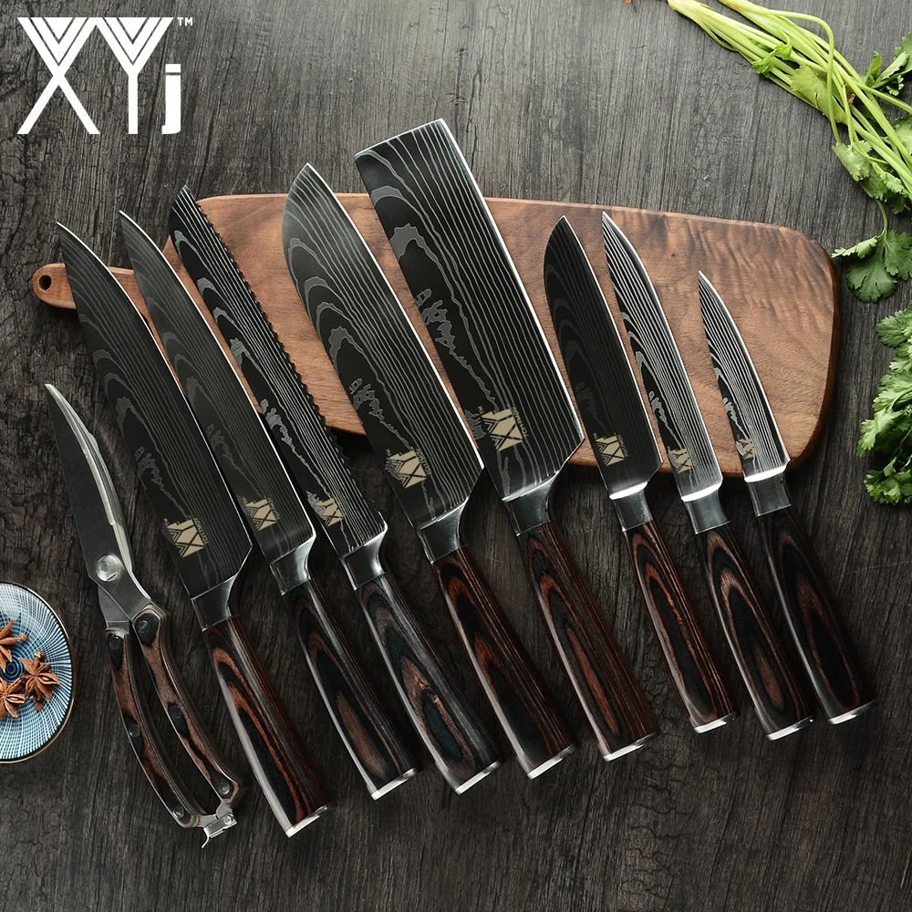 XYj японский кухонный нож из нержавеющей стали с лазерным узором ножи для выпечки