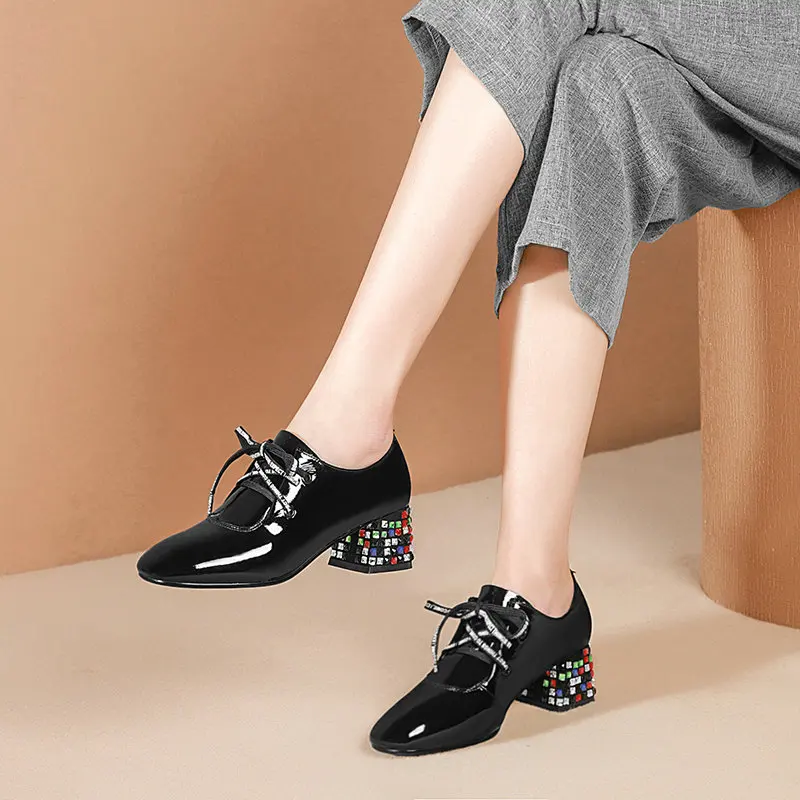 Женские туфли лодочки осенне весенние для женщин из бычьей кожи со стразами на