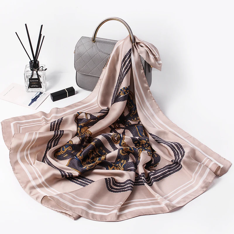 Новинка 2018! женский шарф на цепочке солидный цвет роскошный бренд саржа шелковый