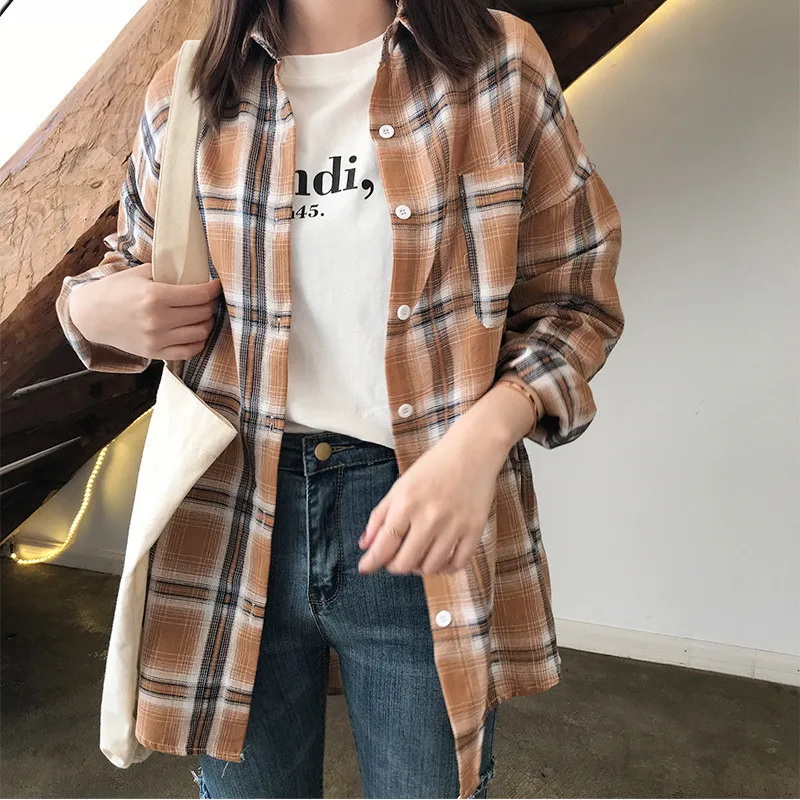 Autumn Boyfriend Style Women Blouse 2018 All Occasion Match casual College shirt long sleeve turn-down collar Plaid Office Shirt |