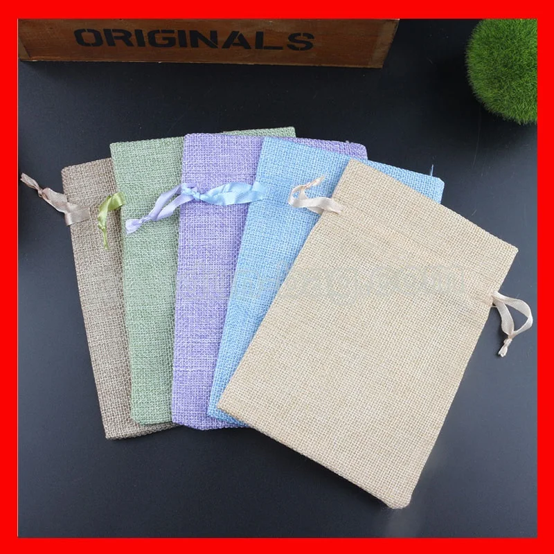 100pcs/lot small jute linen drawstring gift pouch bags