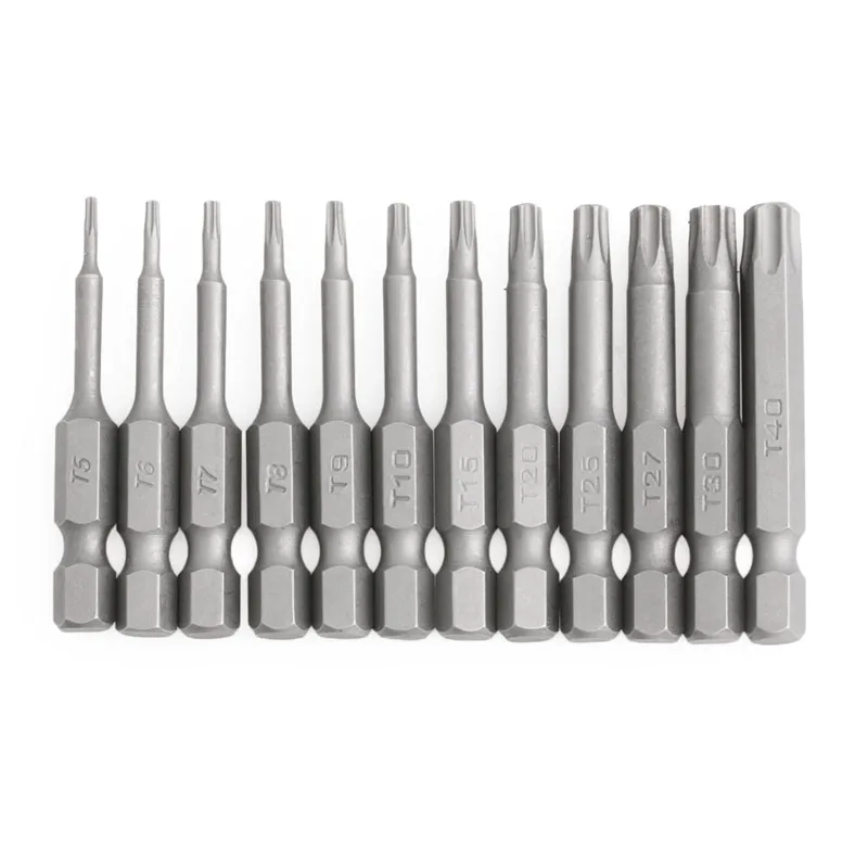 

12 PCS 1/4 Inch 50mm T5, T6, T7, T8, T9, T10, T15, T20, T25, T27, T30, T40 Magnetic Torx Screwdriver Bits Kit