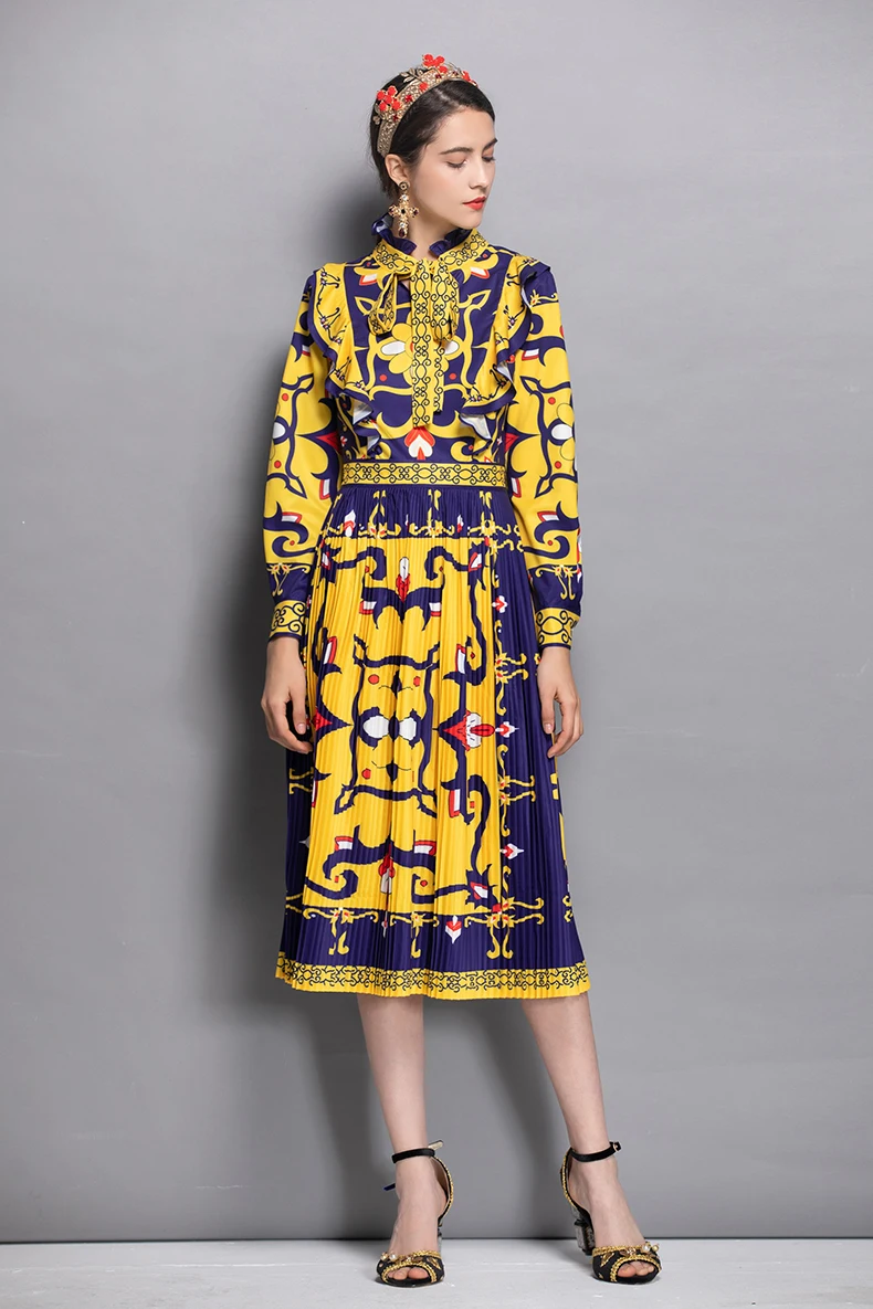 2019 Для женщин с круглым вырезом длинными рукавами и рюшами на шнуровке принтом