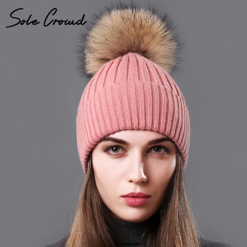 [Подошва толпа] натуральным енота меховым помпоном Шапки для Осенне зимняя