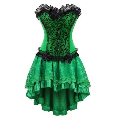 green7056green Women Burlesque Dancer Dress Sexy Bustier Corset Gothic Lace Vintage Corset Dress With Skirt Set Poison Ivy Costumes Plus Size - Цвет: green7056green
