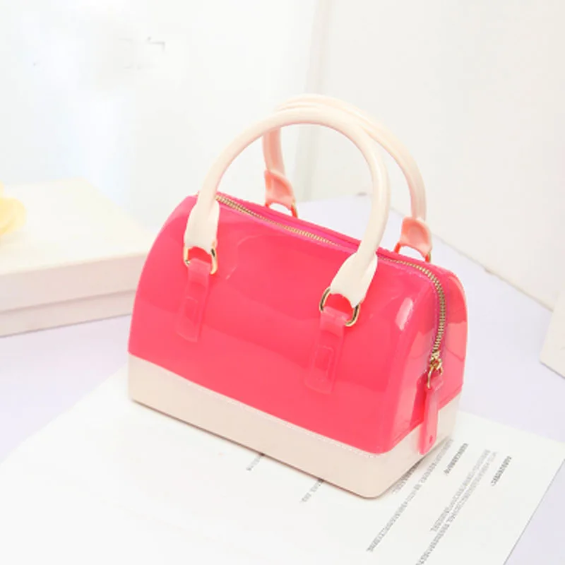 Hot pink and white JELLYOOY маленький размер 18 см ПВХ Мини Женская Желейная сумка детская подушка сумка на плечо карамельный цвет Силиконовая Сумка-тоут пляжная сумка-мессенджер - Цвет: Hot pink and white