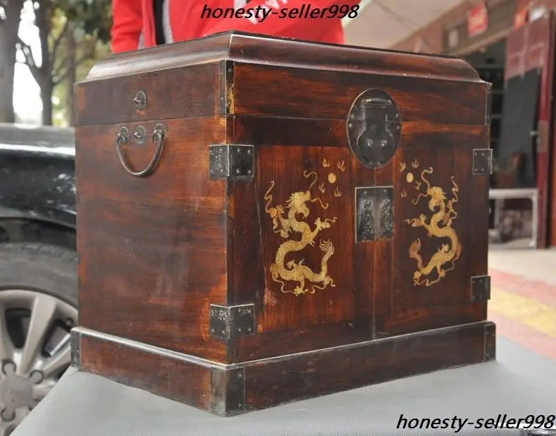 

Christmas Huge Old Huanghuali inlay Shell Dragon drawer cabinet Treasure chest storage box Halloween