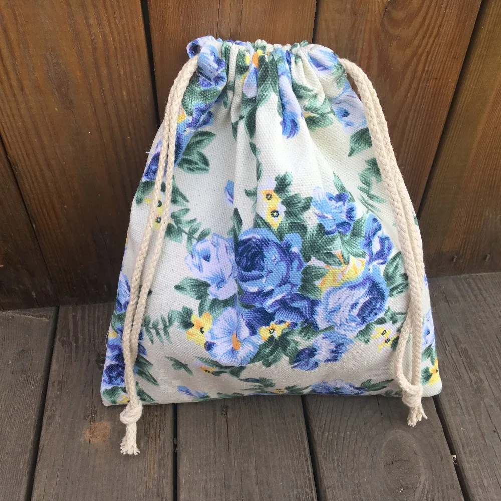 

Cotton Canvas Drawstring Organized Pouch Party gift Bag Blue Flower YILE9318e