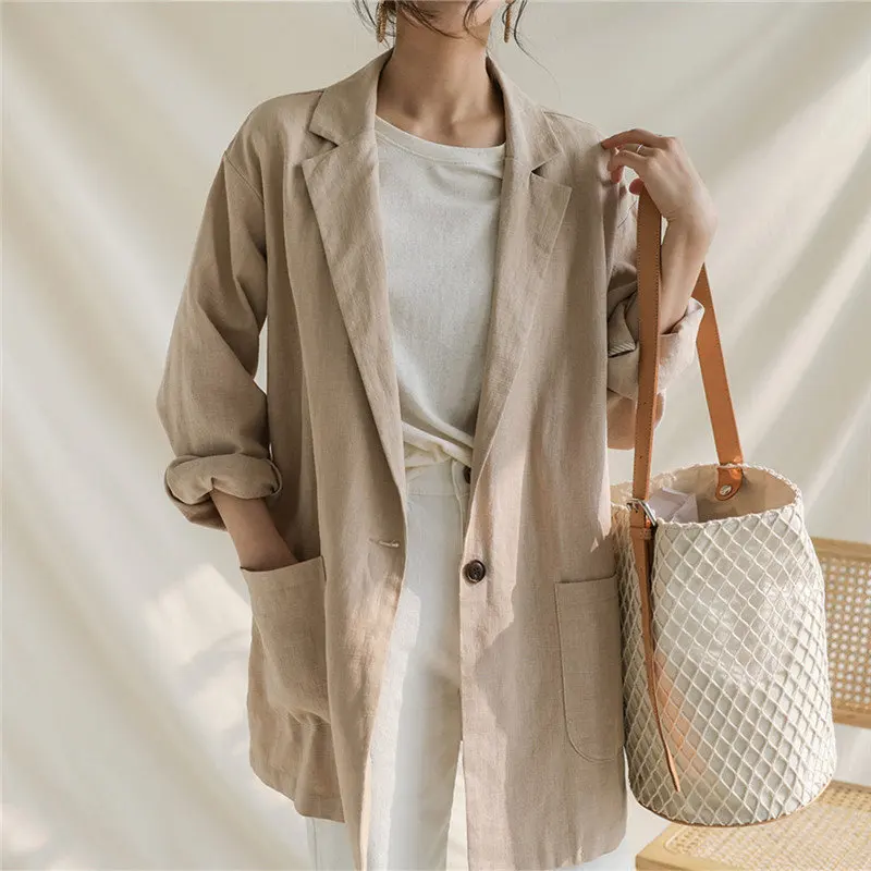 

HziriP Summer Women Chic Simple Full Sleeves Single Button Office Ladies Fashion Vintage Loose All Match Blazer Large Size