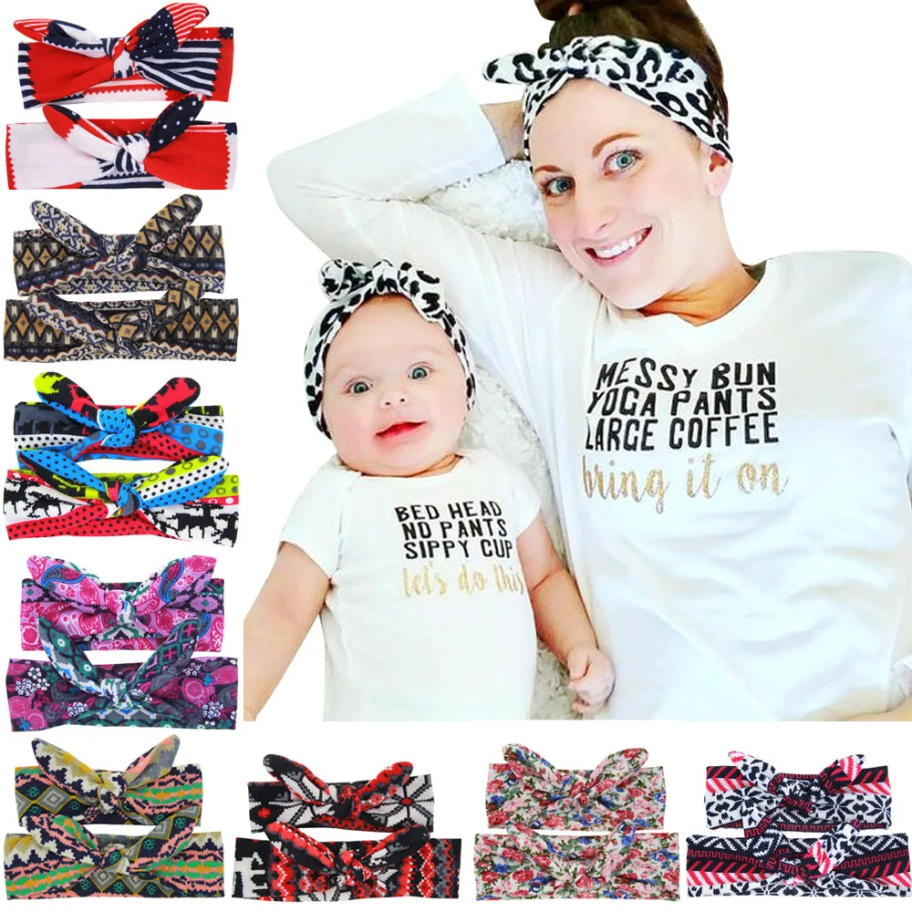 ADOMI 2Pcs/set Mom Baby Matching Leopard Cotton Printing Bow tie Headband Women Infant Kid Rabbit Ear Hair Accessories |