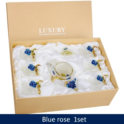7Pcs 1Set blue 1 набор, новые стеклянные кофейные кружки с эмалью, роскошные стеклянные чашки с ручкой, чайный набор с цветами, чашки для сока и кофе, рождественские подарки - Цвет: 7Pcs 1Set blue