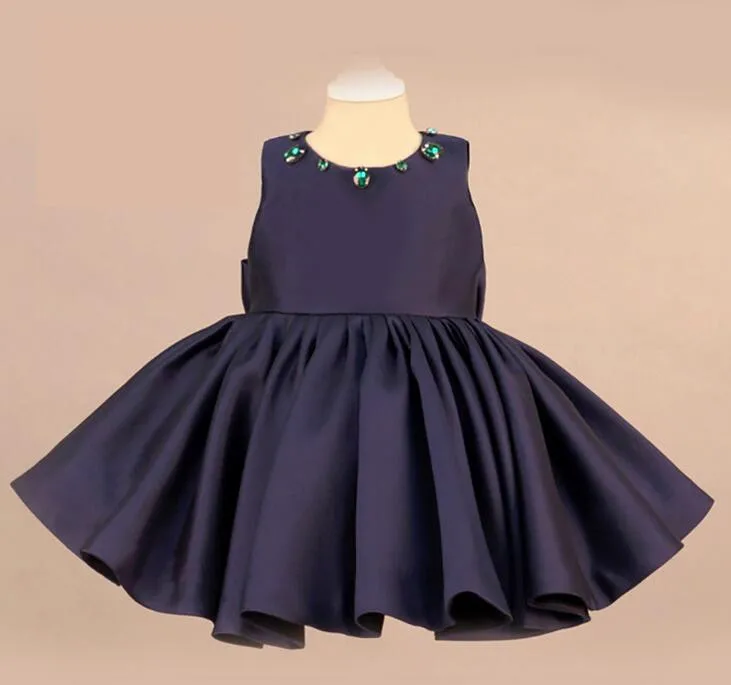 Элегантный Королевский Синий Атлас Бисер для девочек в цветочек платья 2016 Блеск