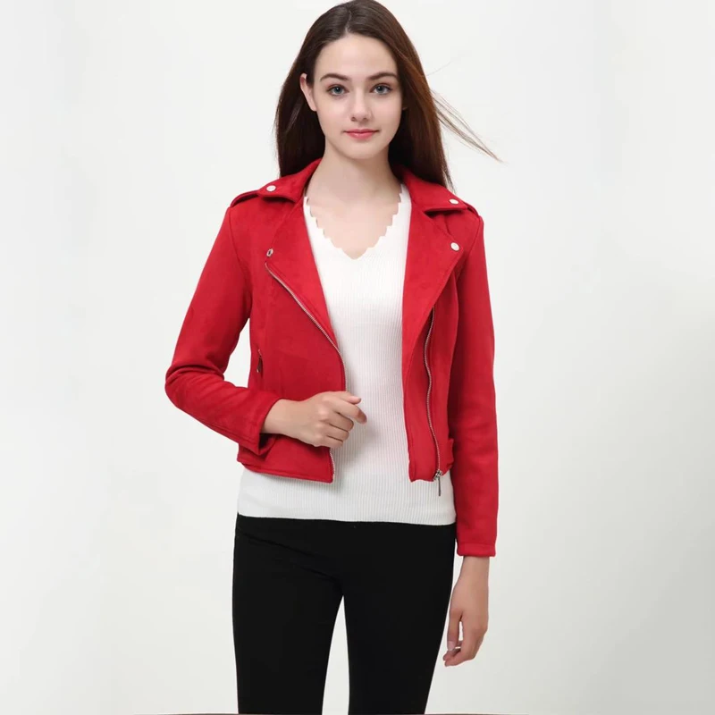 Women Autumn Winter Suede Faux Leather Jackets Lady Fashion Matte Motorcycle Coat Biker Red Black Green Zipper Outerwear