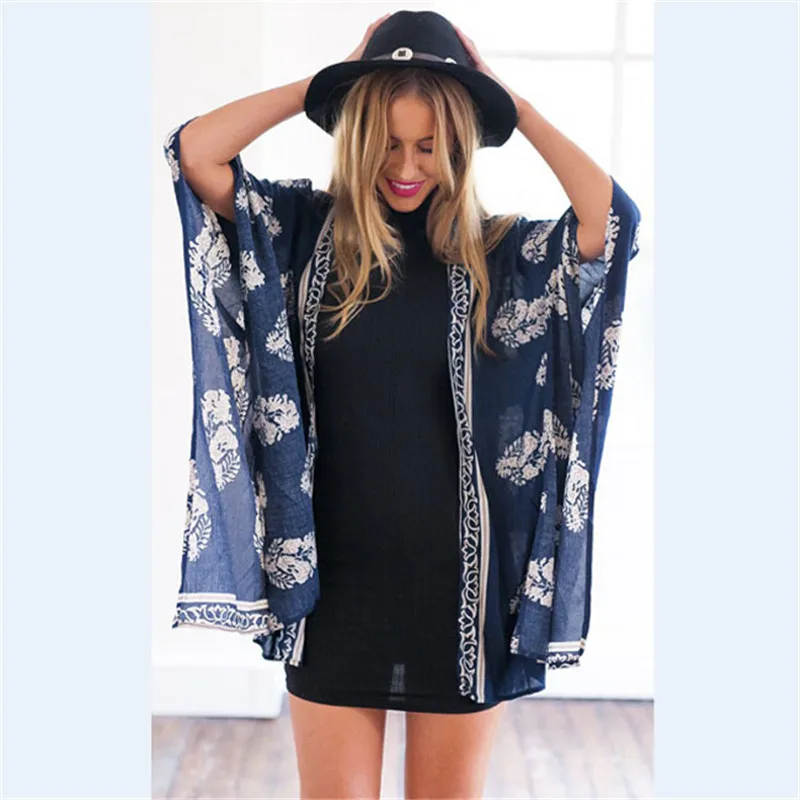 Новая модная темно синяя блузка с принтом листьев летняя Солнцезащитная женская