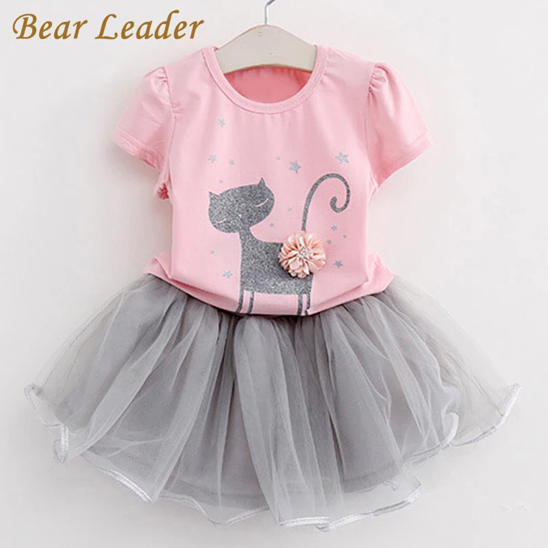 Bear leader/комплекты одежды для девочек; коллекция года; брендовая одежда для девочек; белая футболка с короткими рукавами и рисунком+ платье с вуалью; комплект из 2 предметов; детская одежда
