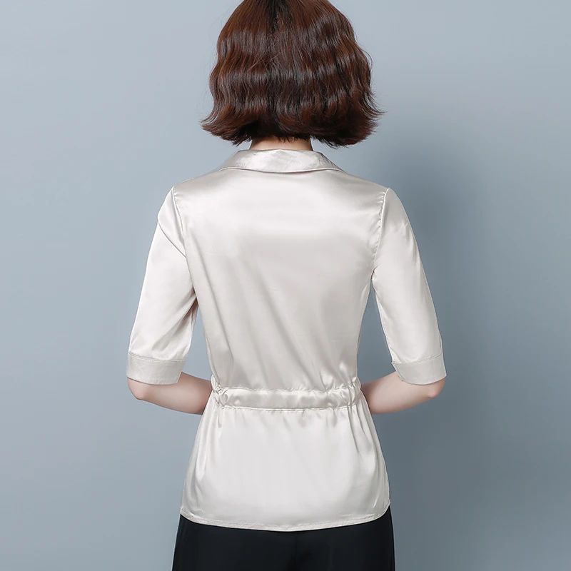 Корейская мода шелковые женские блузки с v образным вырезом коротким рукавом