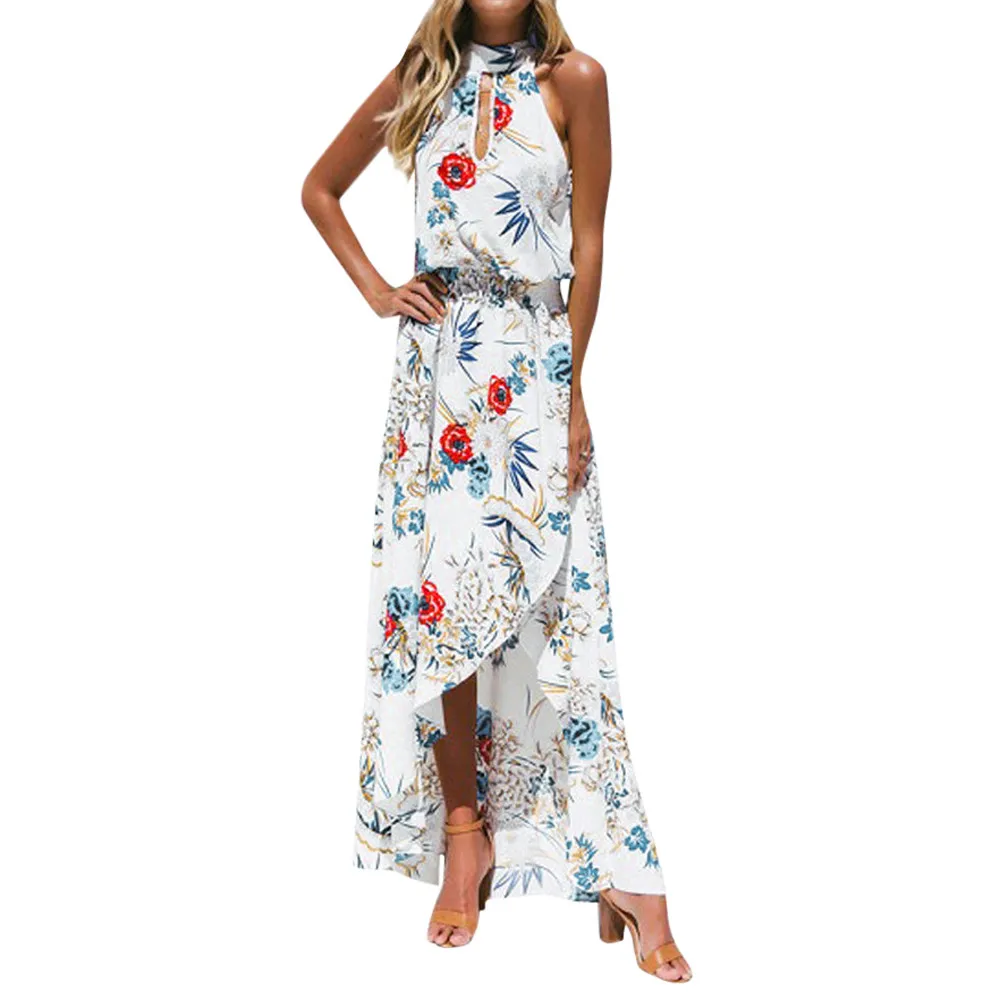 Женская одежда бохо цветочное длинное платье макси без рукавов вечернее для