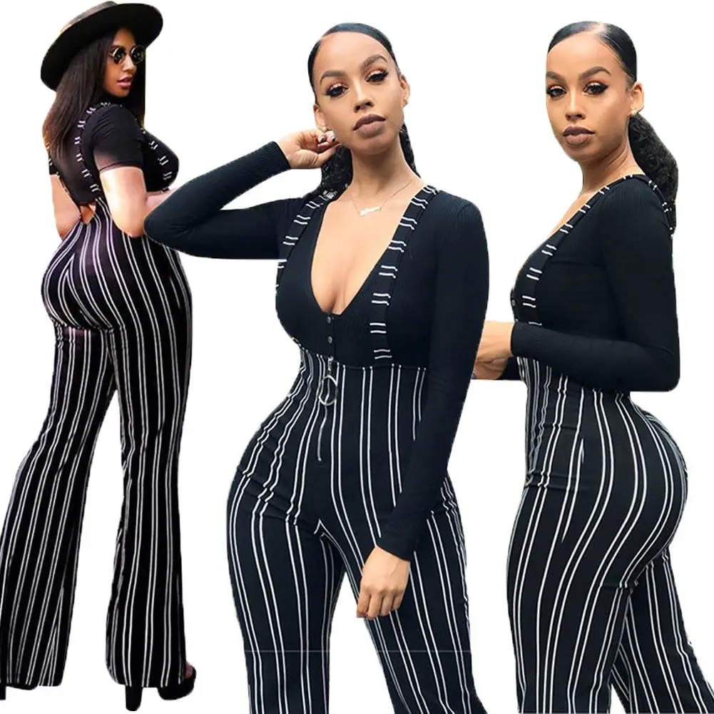 

New Fahsion Women's Clubwear Striped Jumpsuits Strap Dungaree Ladies Overall Pants Playsuit Bodycon Suspender Flared Trousers