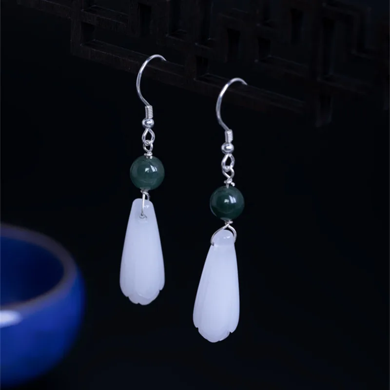 Женские серьги-подвески из серебра 100% пробы с натуральным нефритом | Украшения и
