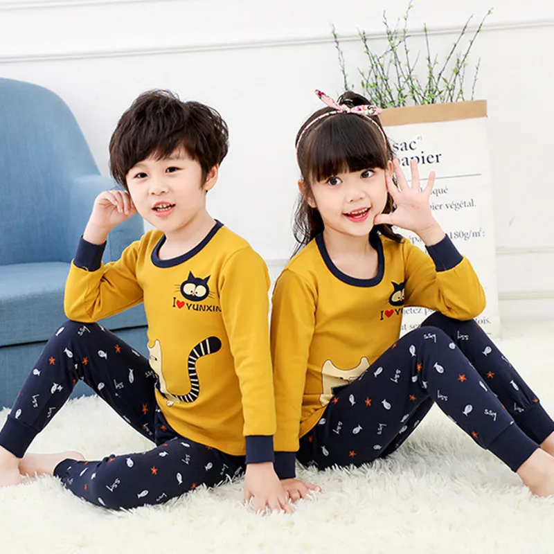 Новые осенне зимние пижамные комплекты из 100% хлопка для мальчиков и девочек
