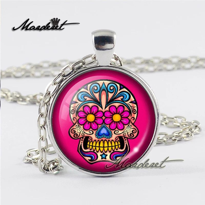 Maderet Gothic Sugar Skull Glass Cabochon Necklace Handmade Jewelry Dome Art Round Retro Pendant | Украшения и аксессуары