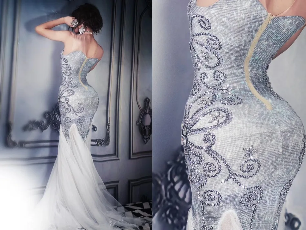 Серебристые Стразы без рукавов длинное платье со шлейфом для женщин танцев бара