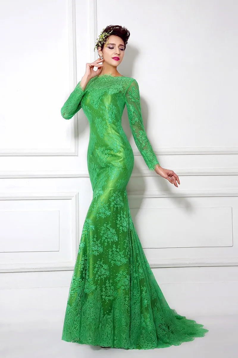 Недорогое высококачественное зеленое кружевное вечернее платье-Русалка с