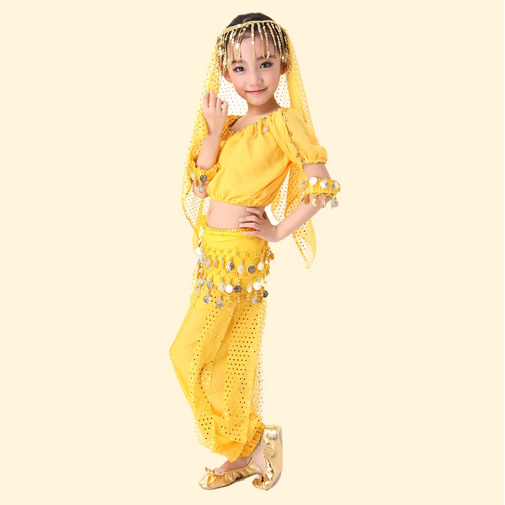 

S-XXXL Whole Set Kid Belly Dancing Costume Handmade Indian Dance Dress for Children Performance Clothes Short Sleeves (NO Shoes)