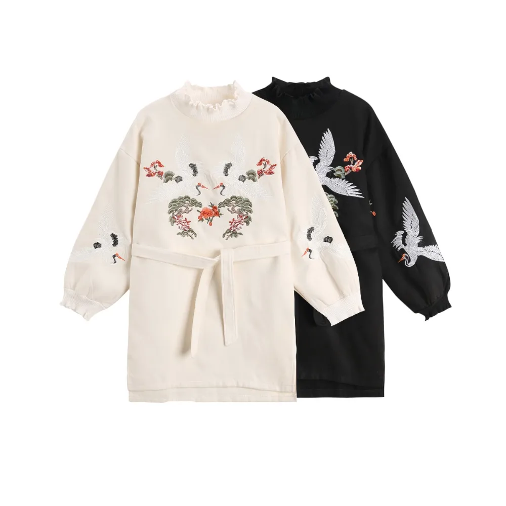 Осень-зима корейский стиль Crane Embroidery утолщение свободные пуловер с длинными