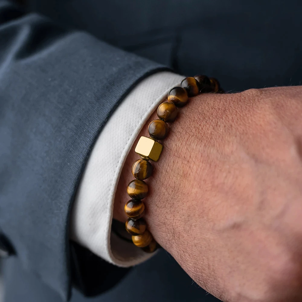 

Men Bracelet Essential Charm Jewelry Fashion Luxury Golden color cube 8mm tiger eye stone bead handmade Bracelets Male homme