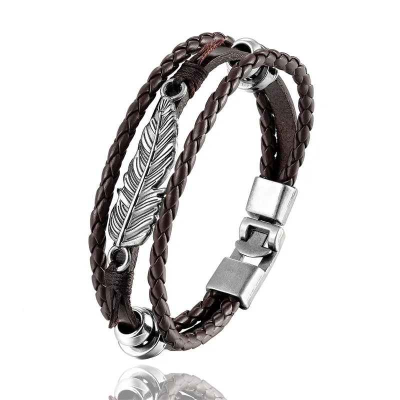 Женский винтажный браслет с перьями многослойный кожаный популярный аксессуары