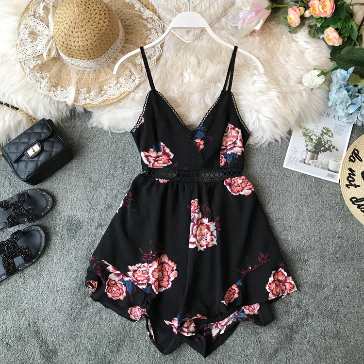 Черный ALPHALMODA летние женские сексуальные праздничные костюмы с принтом, открытая спина, бант, шнуровка, полые женские повседневные пляжные комбинезоны - Цвет: Черный