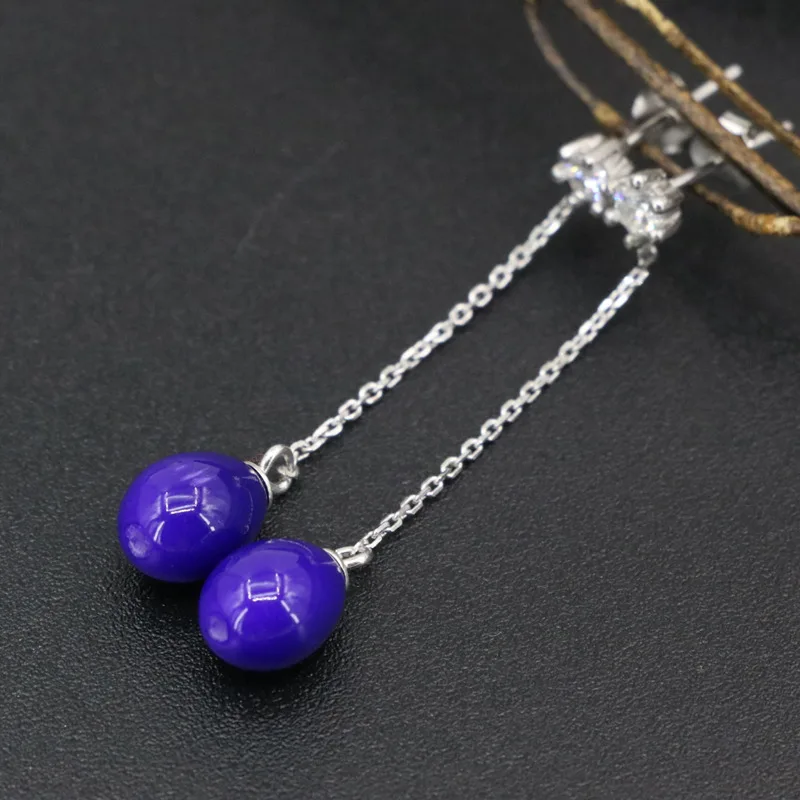 Pure Sterling Dangle Earring For Women 7x9mm Purple Baking Paint Glass Beads Long Drop Earrings Jewelry 4cm B3439 | Украшения и