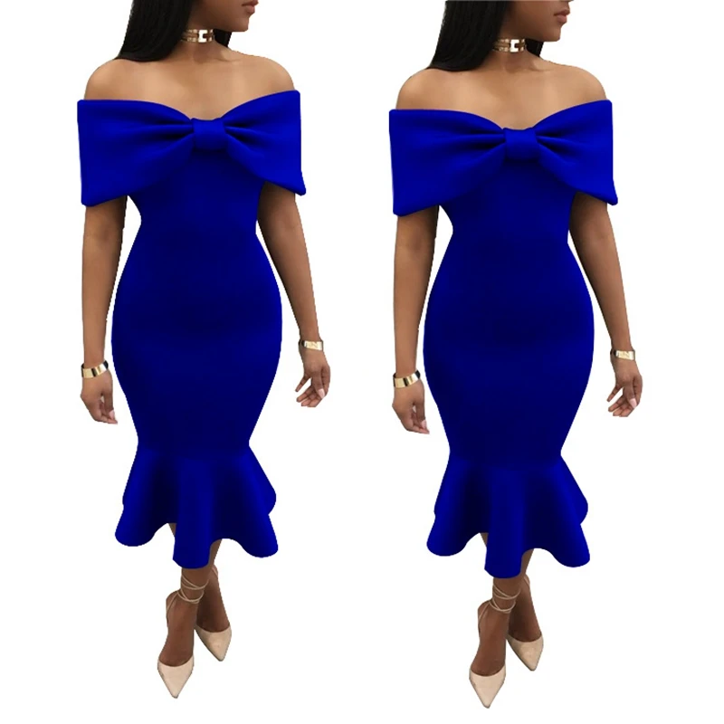 Спереди лук детали с плеча Slash шеи облегающее платье оборками элегантные женские